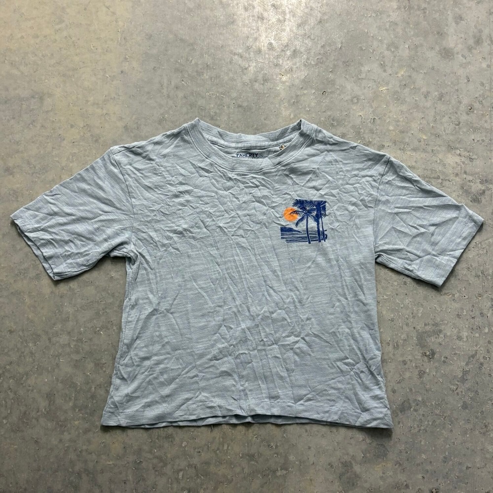 Faherty Sunwashed Slub Graphic Tee Mens Small Dusty Blue NEW Organic Cotton